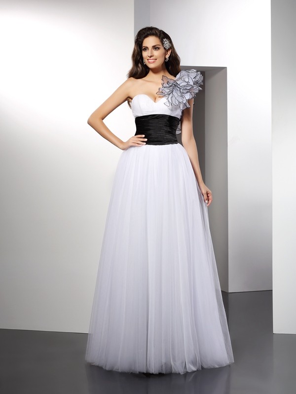 A-Line/Princess One-Shoulder Sash/Ribbon/Belt Sleeveless Long Net Dresses 3874