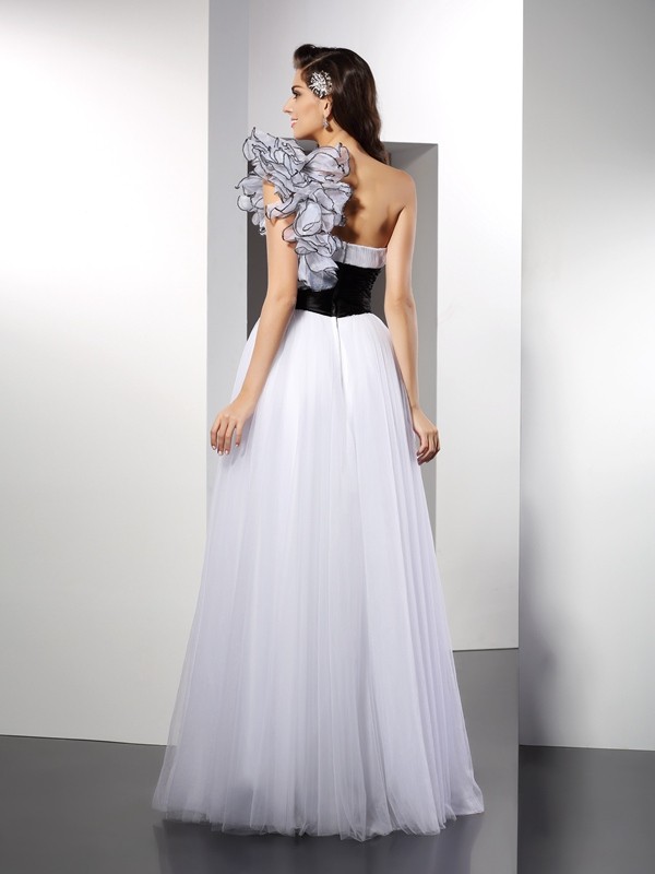 A-Line/Princess One-Shoulder Sash/Ribbon/Belt Sleeveless Long Net Dresses 3874