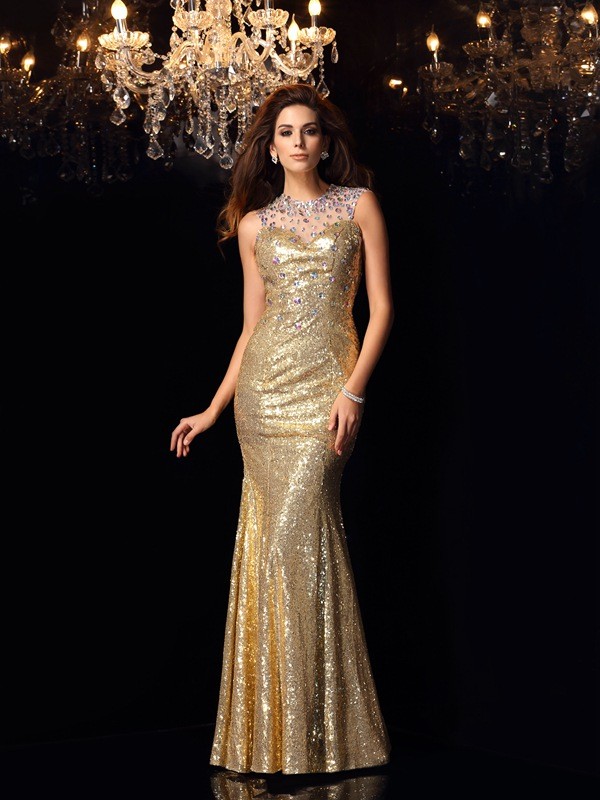 Trumpet/Mermaid High Neck Sleeveless Long Sequins Dresses 7070