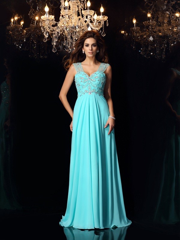 A-Line/Princess Sweetheart Beading Sleeveless Long Chiffon Dresses 4941