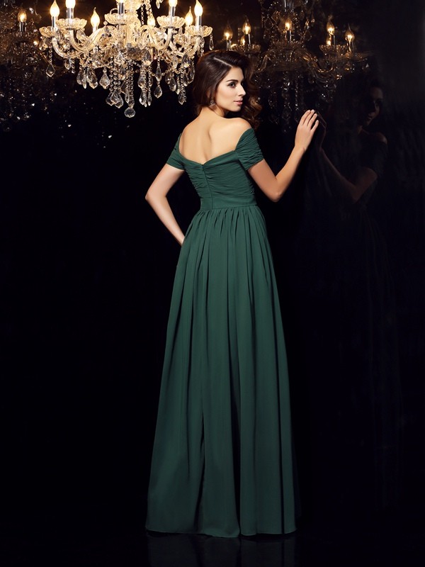 A-Line/Princess Off-the-Shoulder Ruched Sleeveless Long Chiffon Dresses 3799