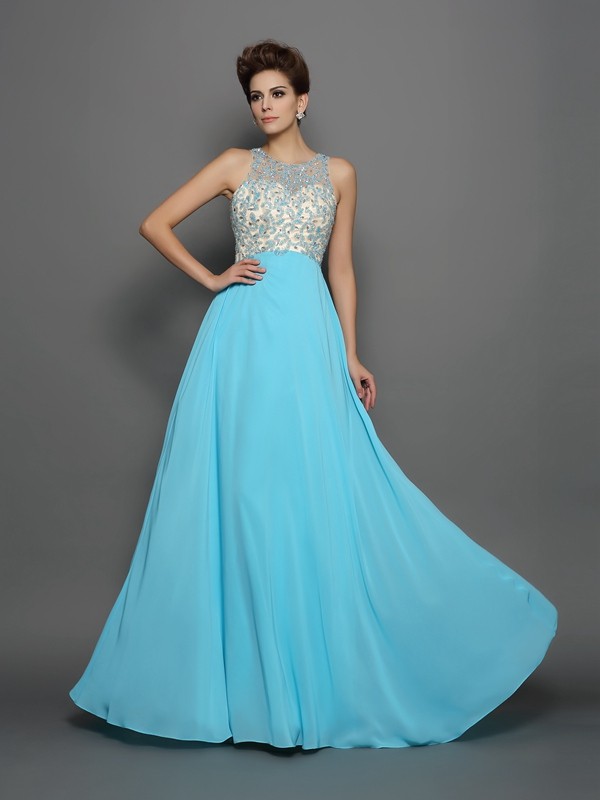 A-Line/Princess Scoop Beading Sleeveless Long Chiffon Dresses 4292