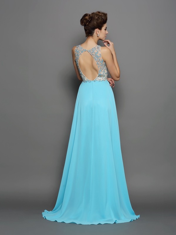 A-Line/Princess Scoop Beading Sleeveless Long Chiffon Dresses 4292