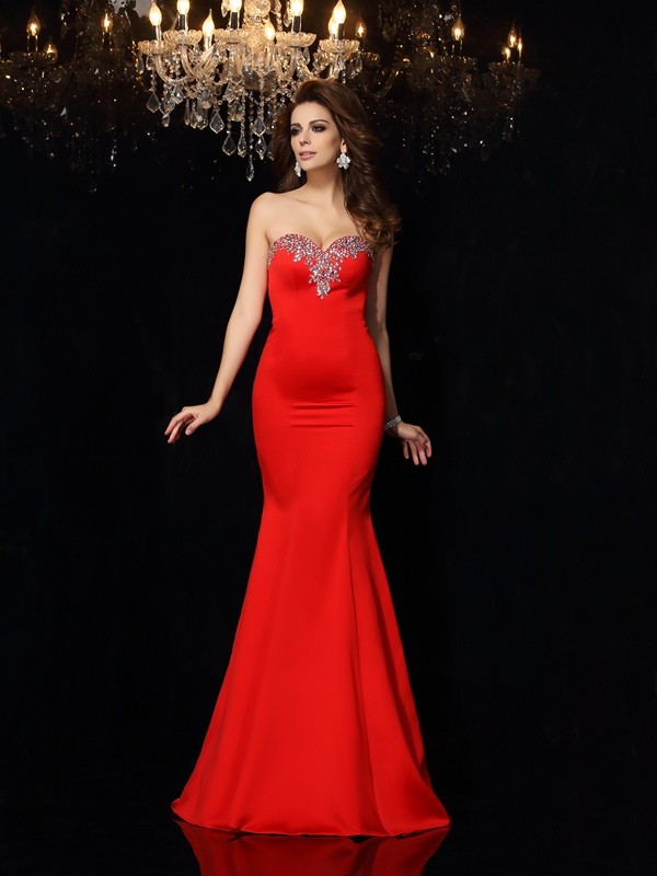 Sheath/Column Sweetheart Beading Sleeveless Long Satin Dresses 6781