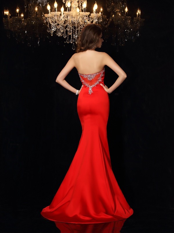 Sheath/Column Sweetheart Beading Sleeveless Long Satin Dresses 6781