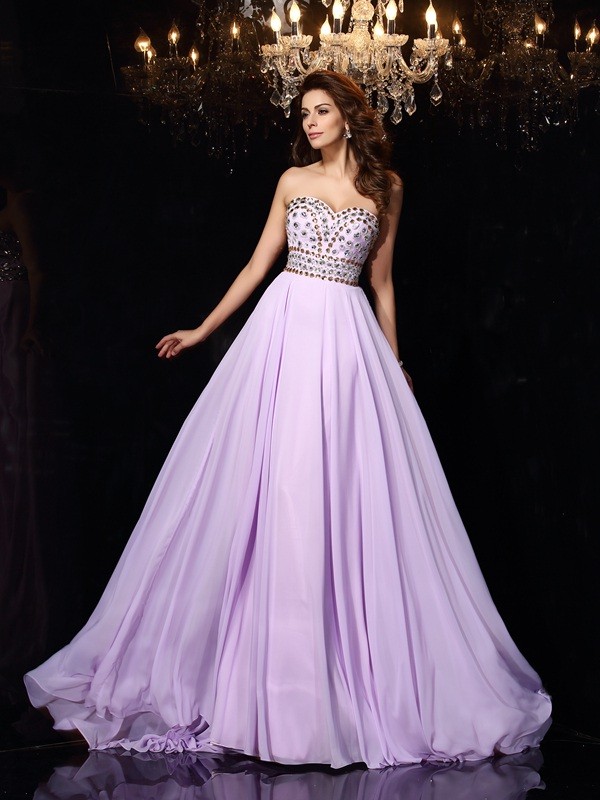 A-Line/Princess Sweetheart Beading Sleeveless Long Chiffon Sweep/Brush Train Dresses 4942