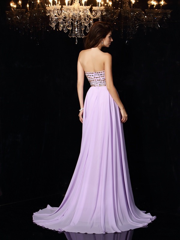 A-Line/Princess Sweetheart Beading Sleeveless Long Chiffon Sweep/Brush Train Dresses 4942