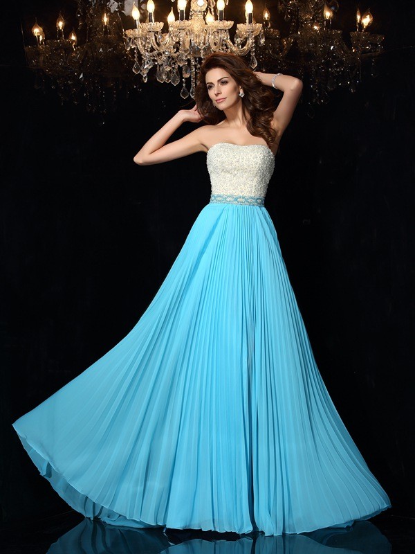 A-Line/Princess Strapless Beading Sleeveless Long Chiffon Dresses 4749