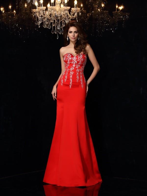 Sheath/Column Sweetheart Applique Sleeveless Long Satin Dresses 6767