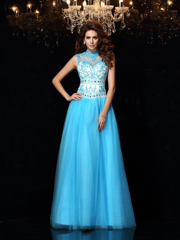 A-Line/Princess High Neck Applique Sleeveless Long Satin Dresses 3619