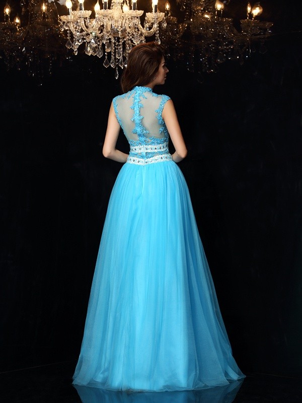 A-Line/Princess High Neck Applique Sleeveless Long Satin Dresses 3619