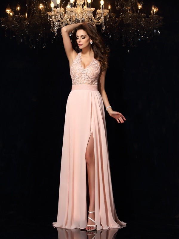 A-Line/Princess Halter Lace Sleeveless Long Chiffon Dresses 3574