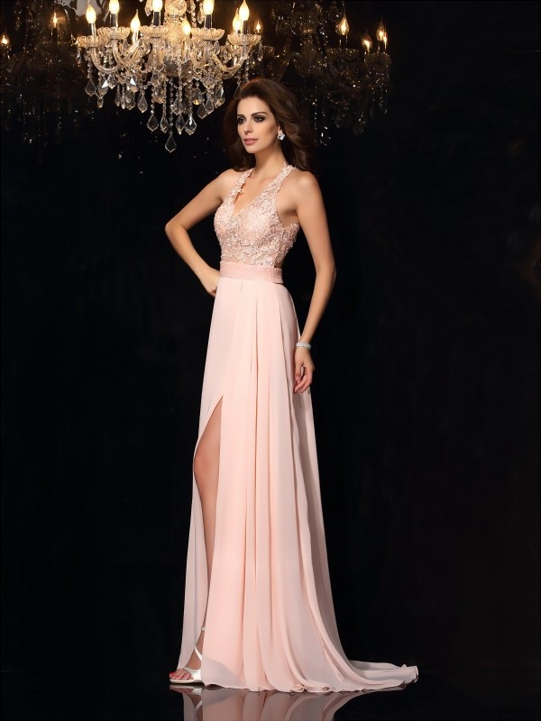 A-Line/Princess Halter Lace Sleeveless Long Chiffon Dresses 3574