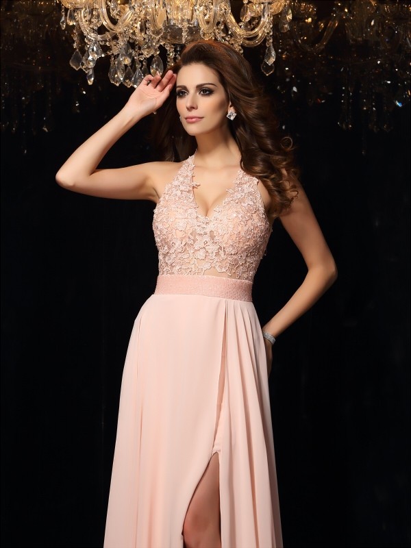 A-Line/Princess Halter Lace Sleeveless Long Chiffon Dresses 3574