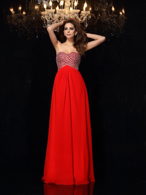 A-Line/Princess Sweetheart Beading Sleeveless Long Chiffon Dresses 4943