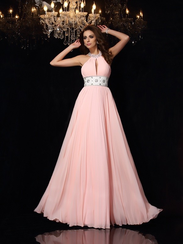 A-Line/Princess High Neck Pleats Sleeveless Long Chiffon Dresses 3634