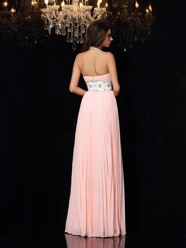 A-Line/Princess High Neck Pleats Sleeveless Long Chiffon Dresses 3634