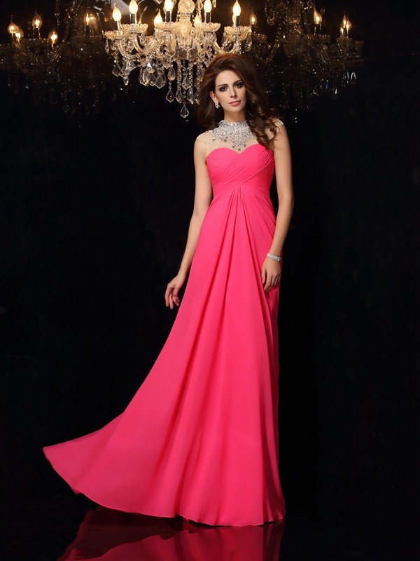 A-Line/Princess High Neck Ruched Sleeveless Long Chiffon Dresses 3635