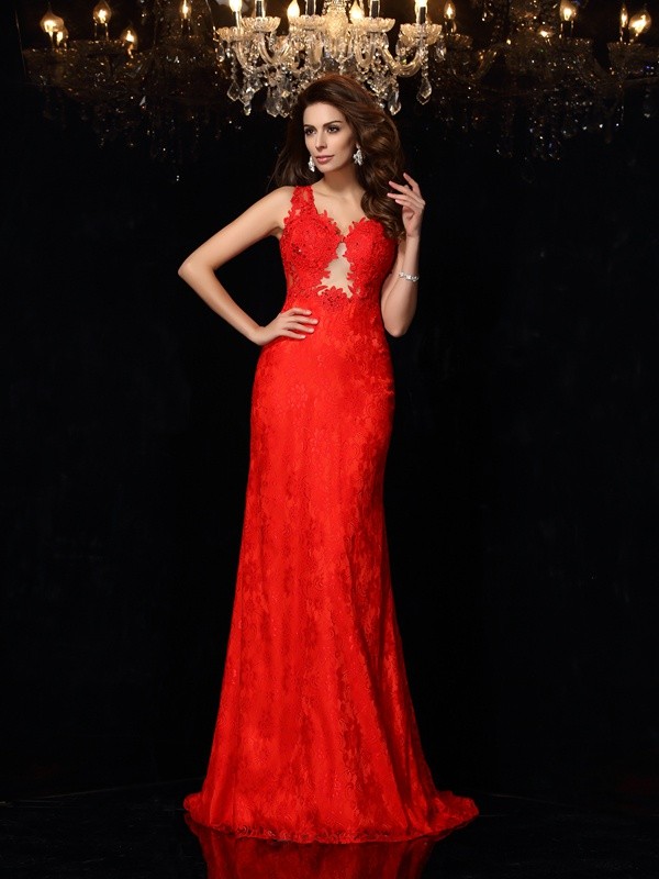 Sheath/Column V-neck Lace Sleeveless Long Satin Dresses 6878