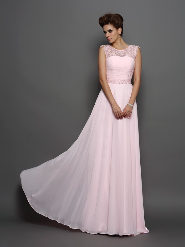 A-Line/Princess Scoop Beading Sleeveless Long Chiffon Dresses 4293