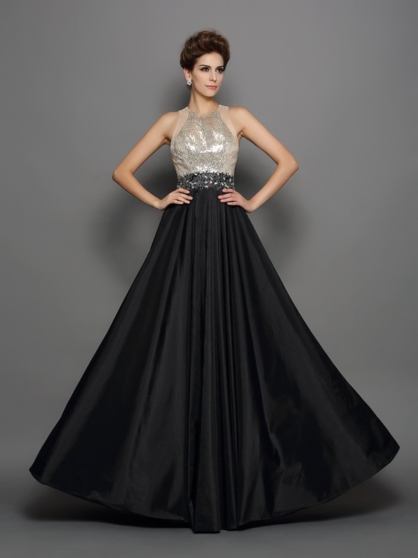 A-Line/Princess High Neck Sequin Sleeveless Long Taffeta Dresses 3639