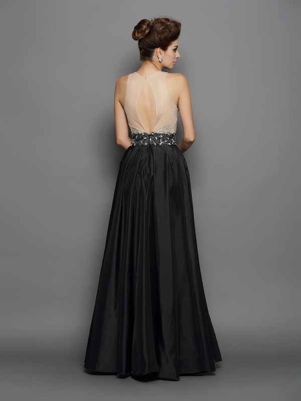 A-Line/Princess High Neck Sequin Sleeveless Long Taffeta Dresses 3639