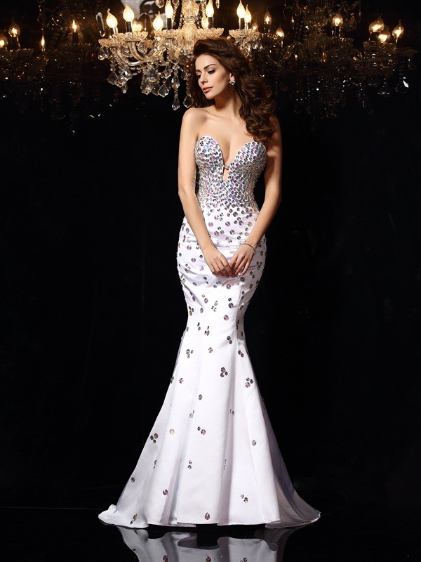 Trumpet/Mermaid Sweetheart Rhinestone Sleeveless Long Satin Dresses 7507