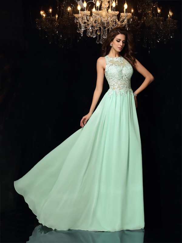 A-Line/Princess High Neck Applique Sleeveless Long Chiffon Dresses 3618