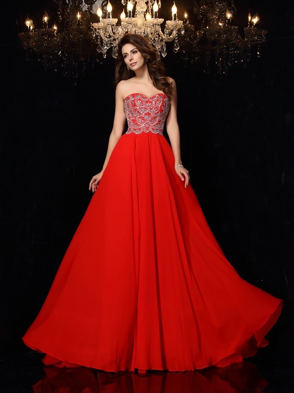 A-Line/Princess Sweetheart Beading Sleeveless Long Chiffon Dresses 4944