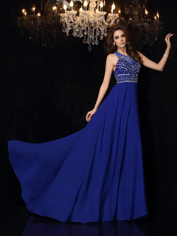 A-Line/Princess High Neck Beading Sleeveless Long Chiffon Dresses 3622