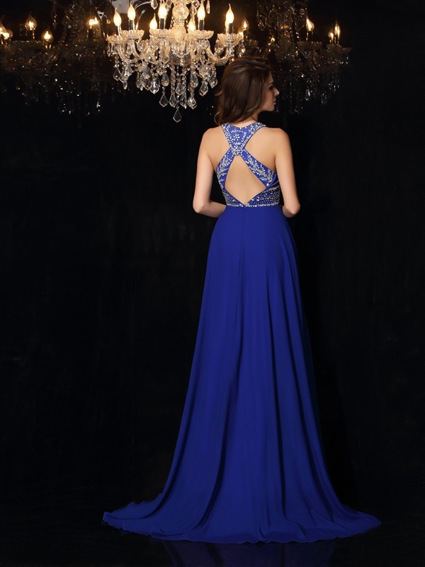 A-Line/Princess High Neck Beading Sleeveless Long Chiffon Dresses 3622