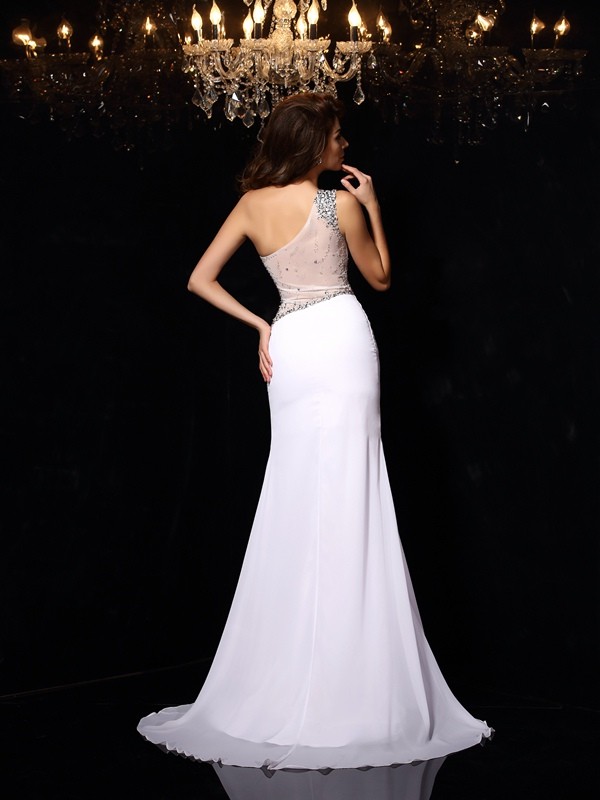 Sheath/Column One-Shoulder Beading Sleeveless Long Chiffon Dresses 6159