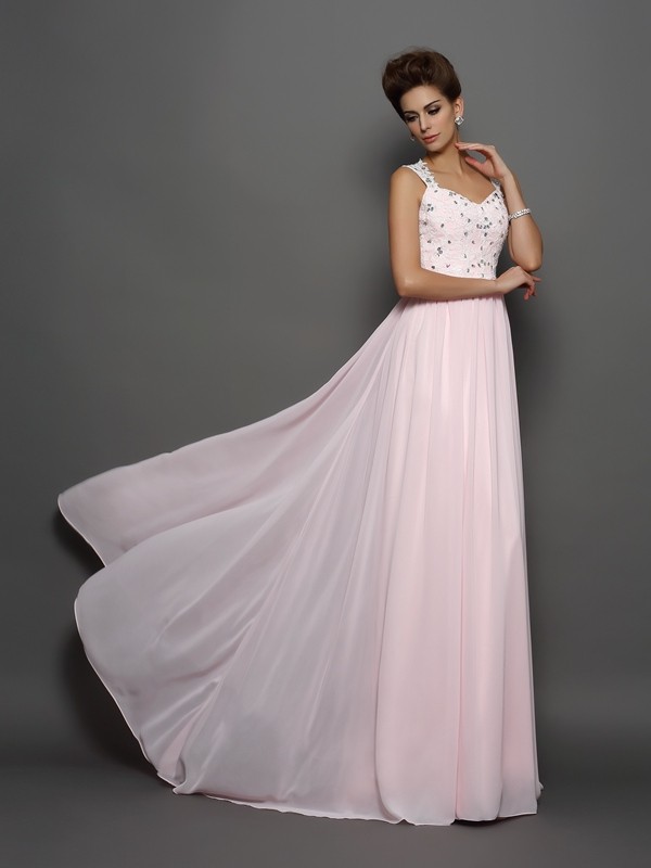 A-Line/Princess Straps Beading Sleeveless Applique Long Chiffon Dresses 4805