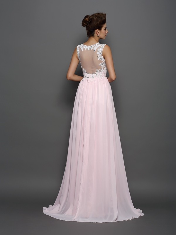 A-Line/Princess Straps Beading Sleeveless Applique Long Chiffon Dresses 4805