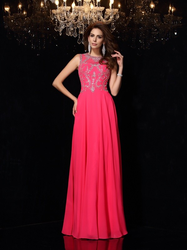 A-Line/Princess Scoop Beading Sleeveless Long Chiffon Dresses 4294