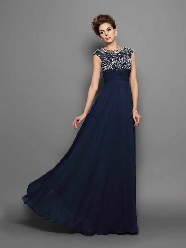 A-Line/Princess Scoop Beading Short Sleeves Long Chiffon Dresses 4280