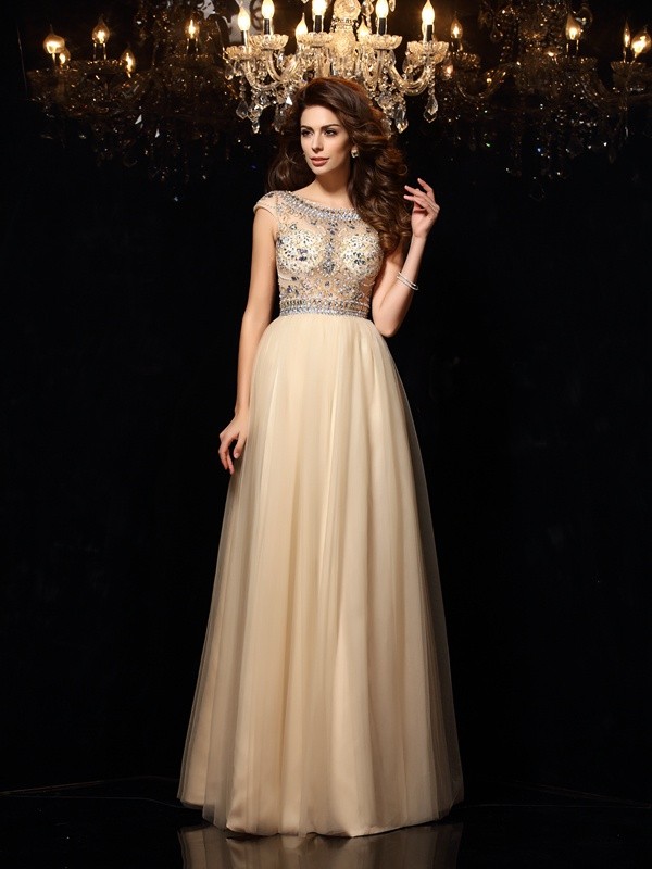 A-Line/Princess Scoop Beading Sleeveless Long Net Dresses 4308