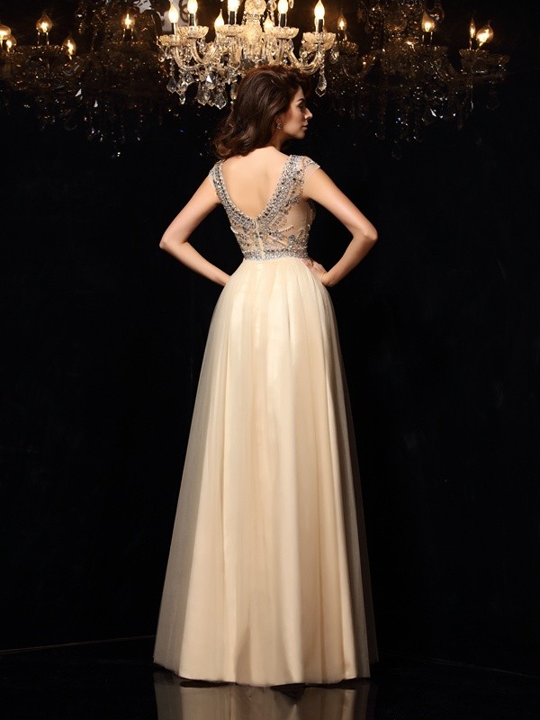 A-Line/Princess Scoop Beading Sleeveless Long Net Dresses 4308