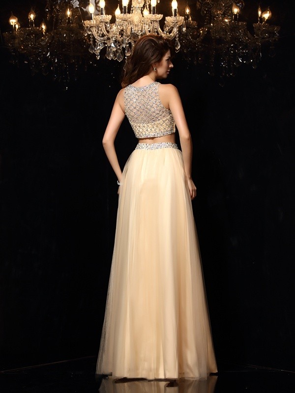 A-Line/Princess High Neck Beading Sleeveless Long Net Two Piece Dresses 3626