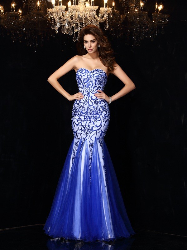 Sheath/Column Sweetheart Beading Sleeveless Long Net Dresses 6780