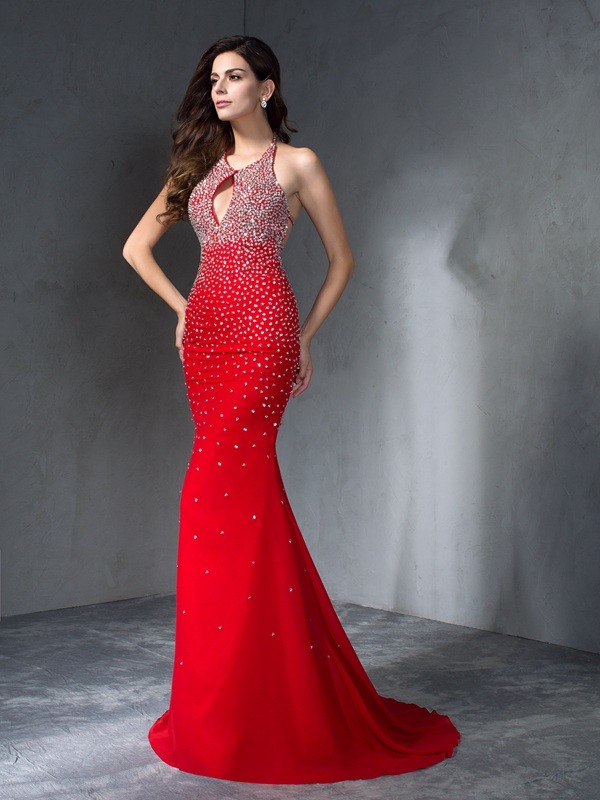 Trumpet/Mermaid Halter Beading Sleeveless Long Chiffon Dresses 7041