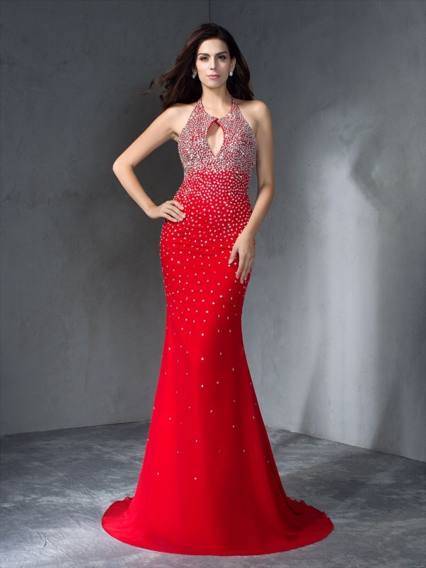 Trumpet/Mermaid Halter Beading Sleeveless Long Chiffon Dresses 7041