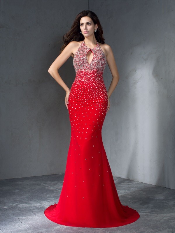 Trumpet/Mermaid Halter Beading Sleeveless Long Chiffon Dresses 7041