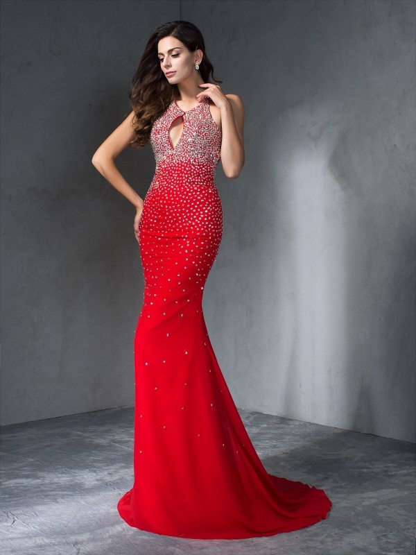 Trumpet/Mermaid Halter Beading Sleeveless Long Chiffon Dresses 7041