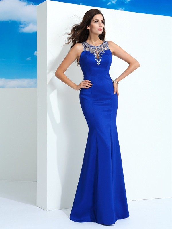 Sheath/Column Sheer Neck Beading Sleeveless Long Elastic Woven Satin Dresses 6505