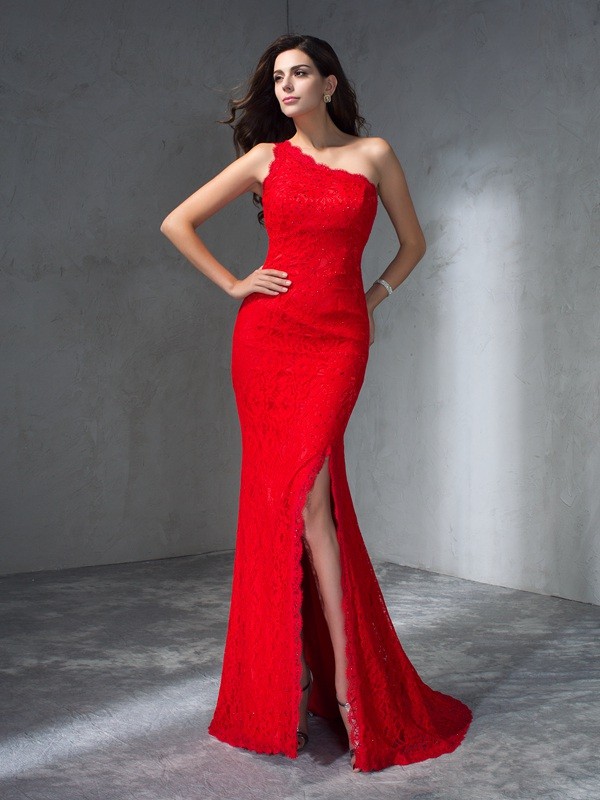 Trumpet/Mermaid One-Shoulder Sleeveless Long Lace Dresses 7179