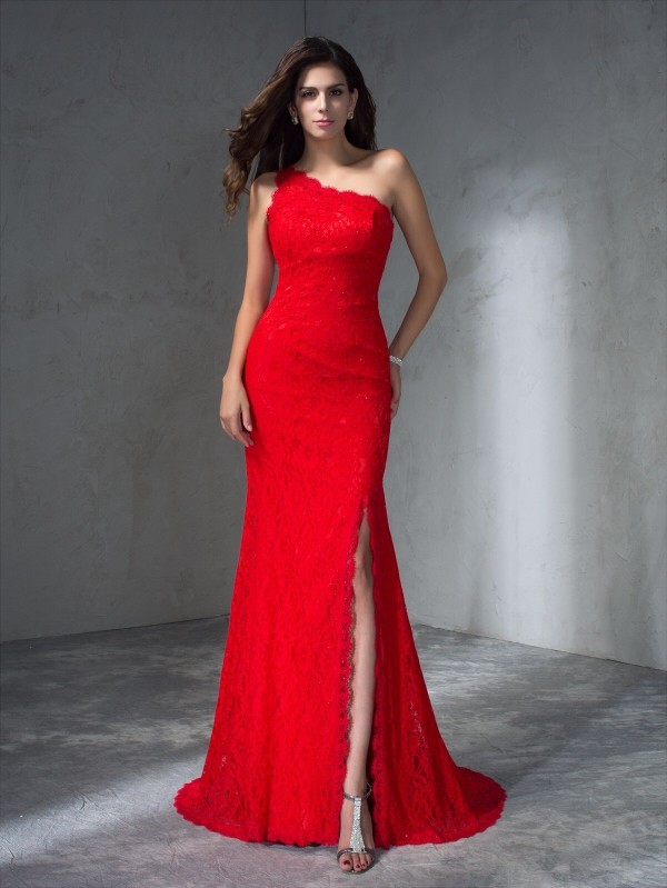 Trumpet/Mermaid One-Shoulder Sleeveless Long Lace Dresses 7179