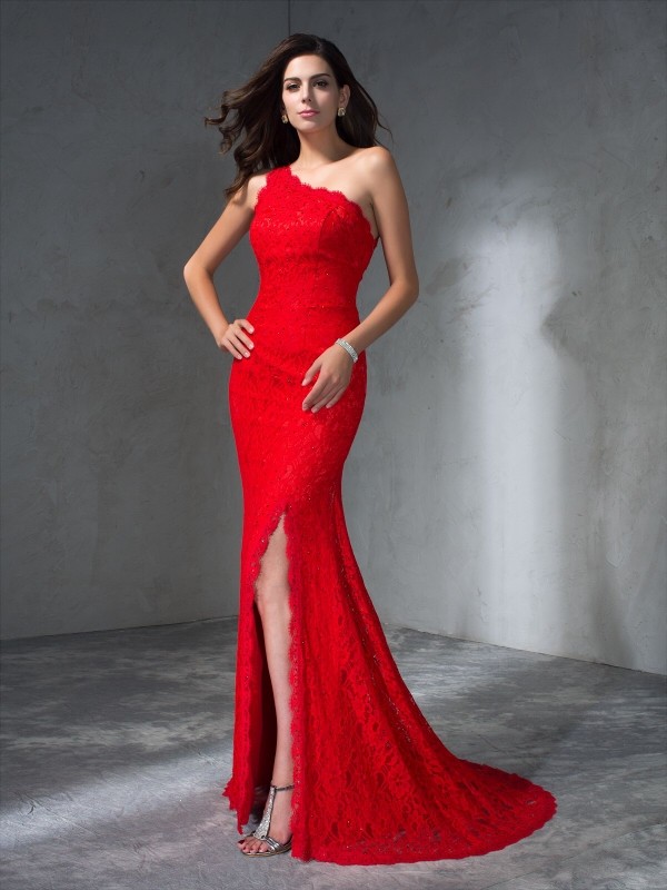 Trumpet/Mermaid One-Shoulder Sleeveless Long Lace Dresses 7179