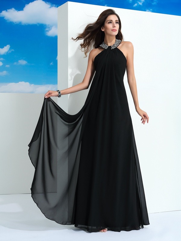 A-Line/Princess Halter Beading Sleeveless Long Chiffon Dresses 3565