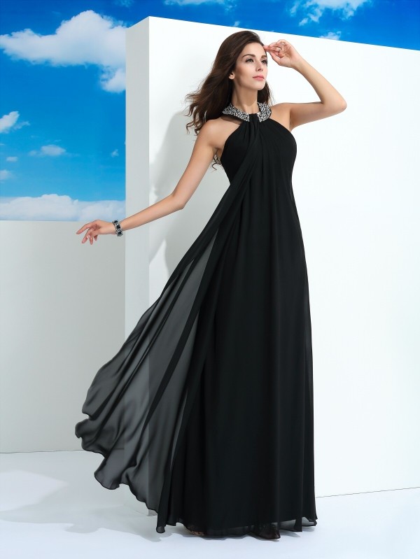 A-Line/Princess Halter Beading Sleeveless Long Chiffon Dresses 3565